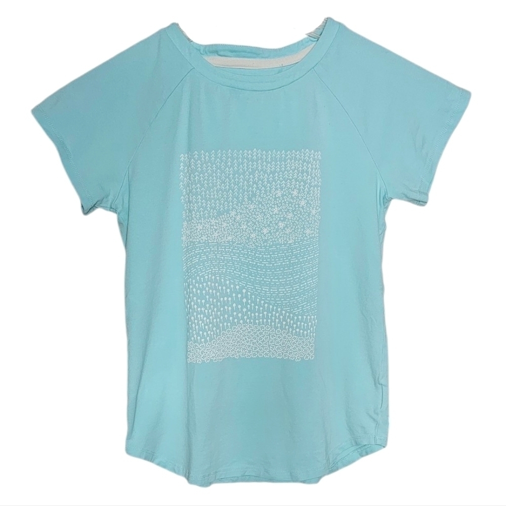 MEC Turquoise White Graphic Stretchy Tee Organic Cotton size youth 12 women's XS